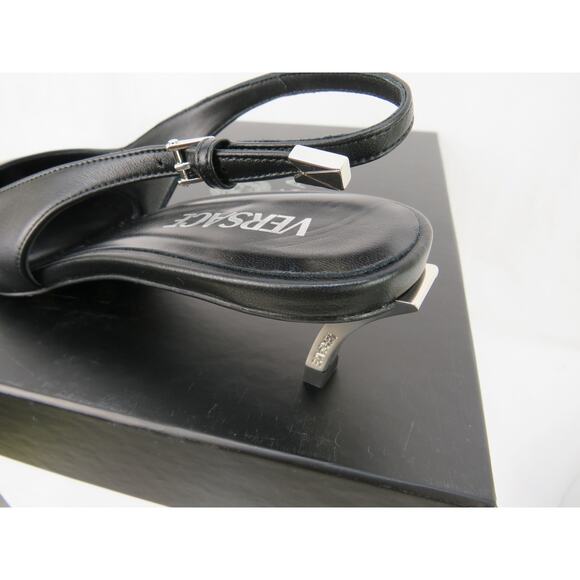 NIB VERSACE BLACK LEATHER SILVER MEDUSA LOGO SANDALS KITTEN HEEL PUMPS 41 US 11 - Picture 10 of 12